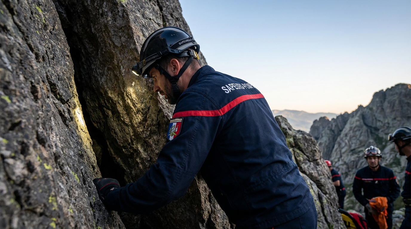 Un pompier en uniforme regarde avec concentration dans une crevasse rocheuse lors d'une opération de sauvetage pour un chien.