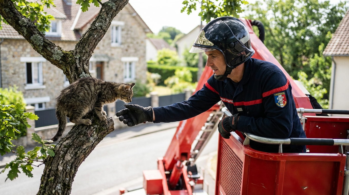 Un sapeur-pompier sur une échelle tend les bras pour attraper délicatement un jeune chat effrayé sur une branche d'arbre.