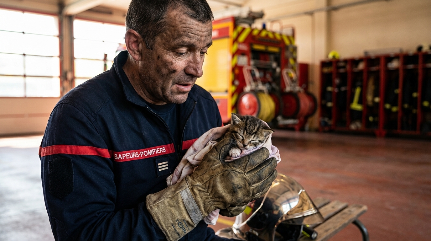 Un pompier en uniforme regarde avec tendresse un minuscule chaton blotti dans ses mains à l'intérieur d'une caserne.