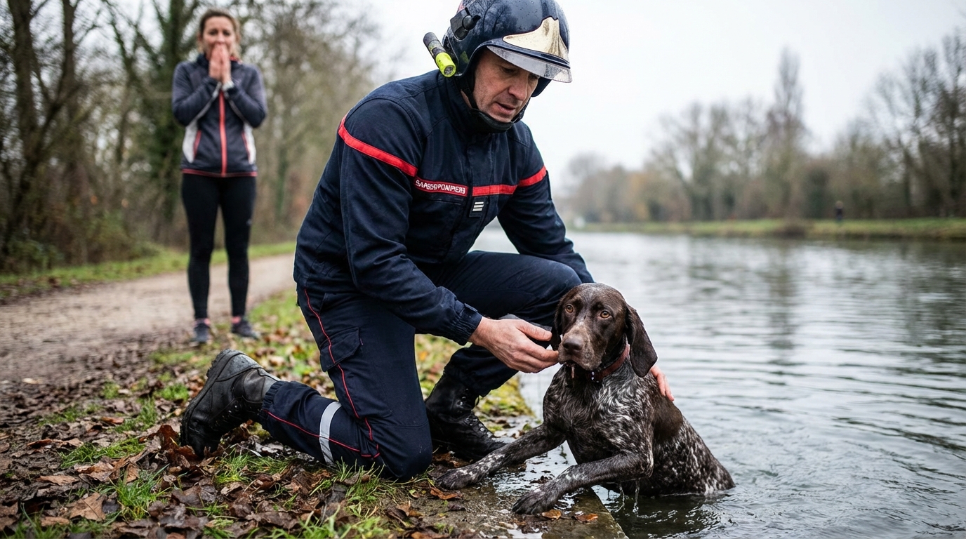 Un sapeur-pompier français portant secours à un braque allemand trempé au bord d'un canal, sa maîtresse inquiète en arrière-plan.