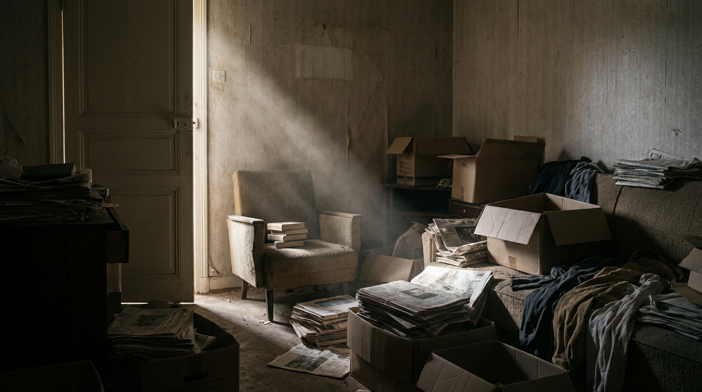 Une porte d'appartement entrouverte laissant entrevoir une pièce sombre et poussiéreuse, symbolisant un secret tragique.