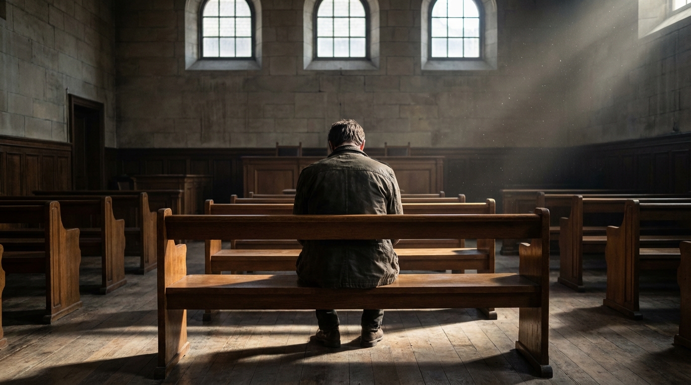 Une silhouette d'homme assise seule sur un banc de tribunal, la tête entre les mains, symbolisant le procès de l'affaire Pilarski.