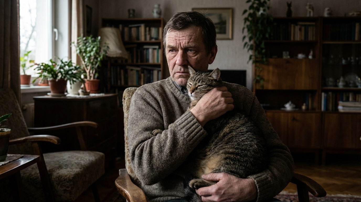 Un homme au visage inquiet serre tendrement contre lui son chat tigré, qui le regarde avec confiance, illustrant le lien fort menacé par une erreur.