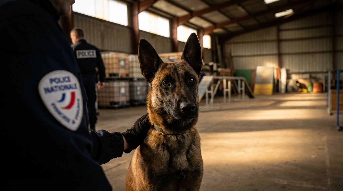 Le berger malinois Riley, chien policier à Toulouse, regarde l'objectif avec intensité et détermination aux côtés de son maître.