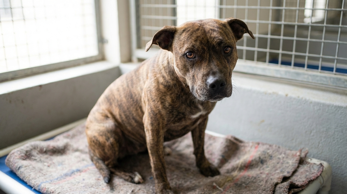 La douce chienne Rilley, de type staff, assise dans son box au refuge de la SPA, regarde avec espoir en attendant une famille.