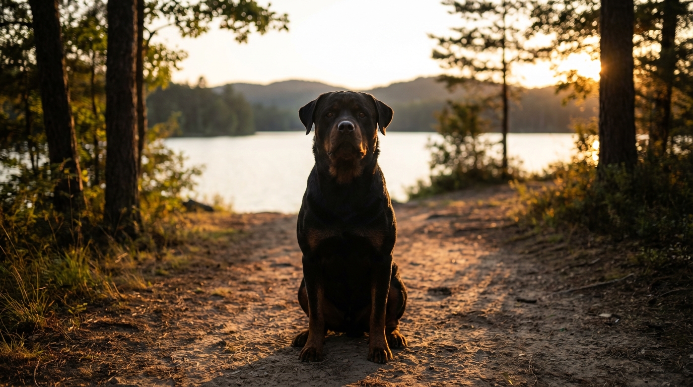 Un chien de race rottweiler assis dans l'herbe, regardant attentivement, illustrant la responsabilité des propriétaires.