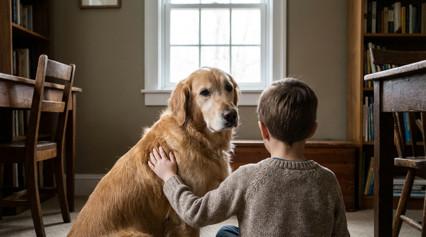 Un adorable chien au regard doux, couché aux pieds d'un enfant triste, lui offrant du réconfort dans un bureau sobre.