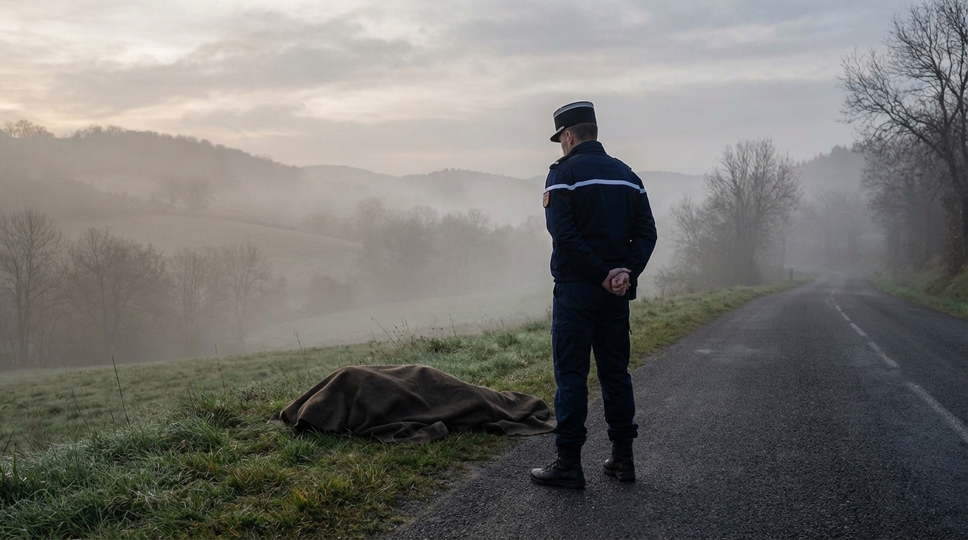 Une route de campagne déserte en Ardèche, symbolisant la solitude et le drame d'un animal abandonné.