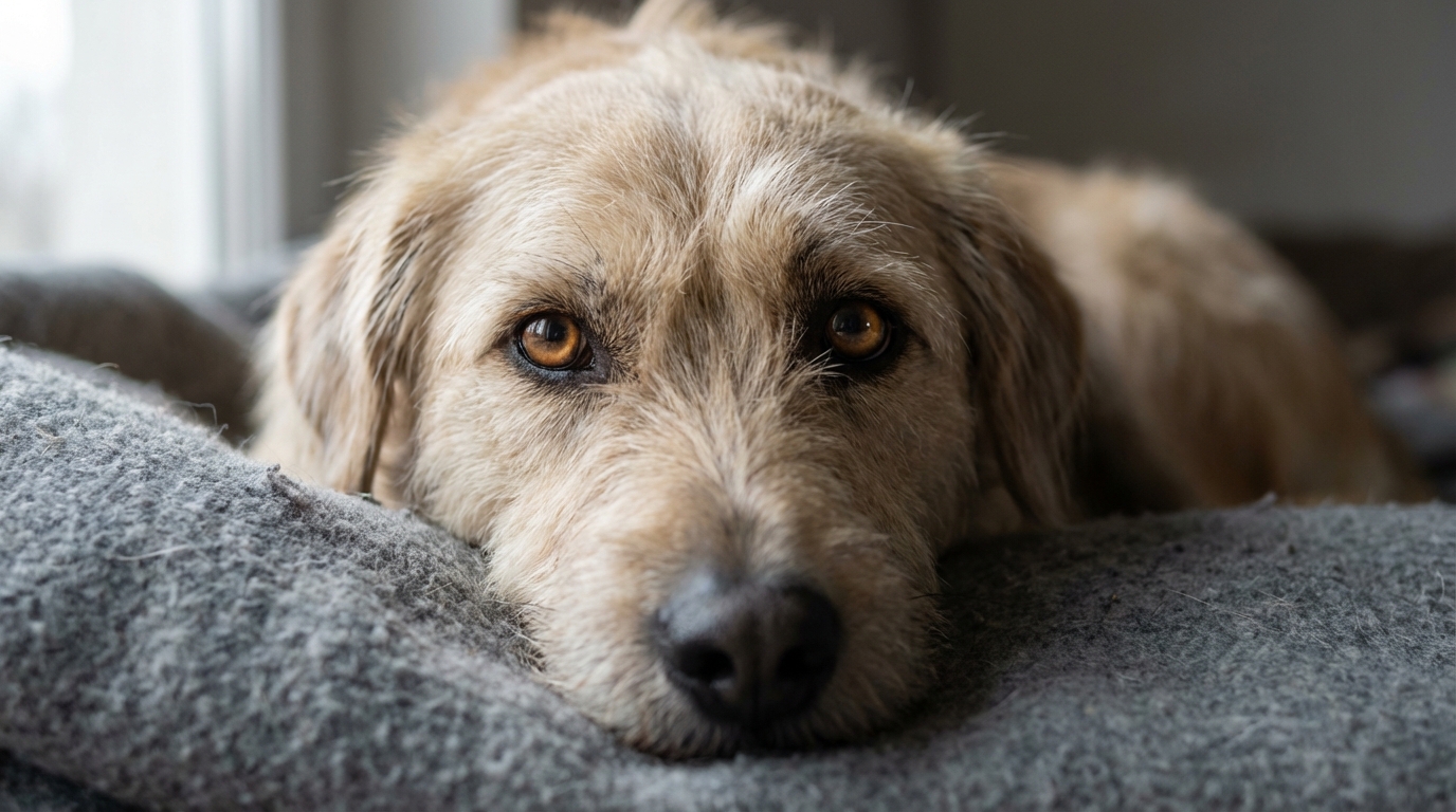 Un chien au regard craintif et touchant, regardant l'objectif, symbolisant l'espoir après un sauvetage difficile.