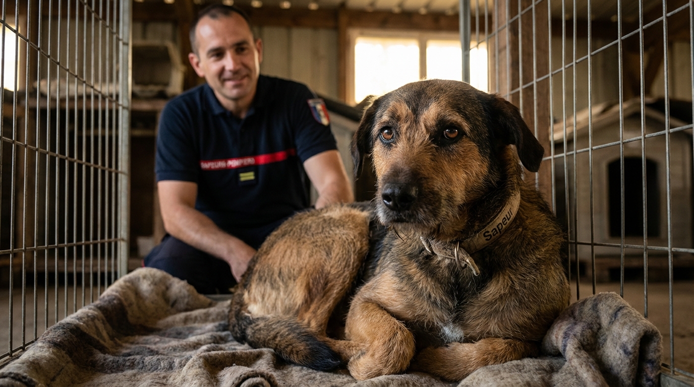 Sapeur, un chien croisé au regard doux mais inquiet, assis calmement après son sauvetage héroïque par une équipe de pompiers.
