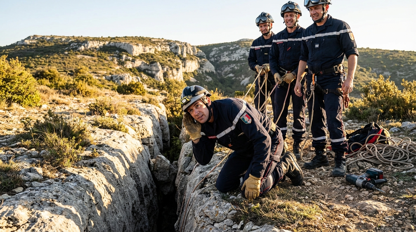 Une équipe de sapeurs-pompiers français en intervention près d'une faille rocheuse pour secourir un chien.