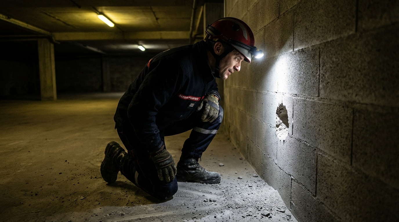 Un sapeur-pompier français utilise du matériel pour agrandir un trou dans un mur en parpaings et sauver un chat piégé à l'intérieur.