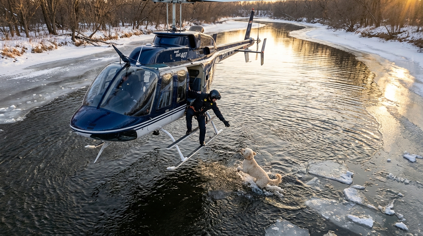 Un sauveteur en hélicoptère se penche pour attraper un chien Goldendoodle luttant pour sa survie dans une rivière glacée en hiver.