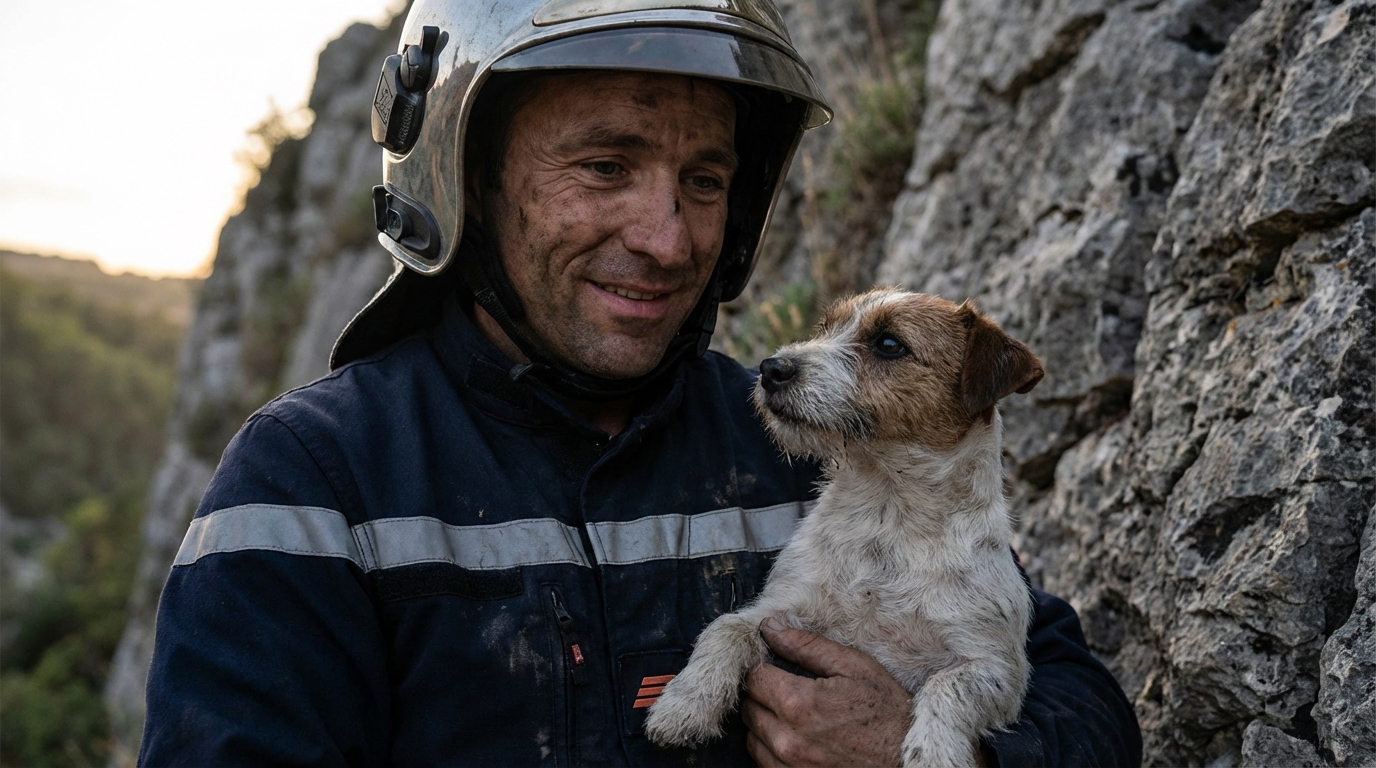 Un pompier en uniforme français réconforte une petite chienne de type Jack Russel près d'une paroi rocheuse après un sauvetage difficile.