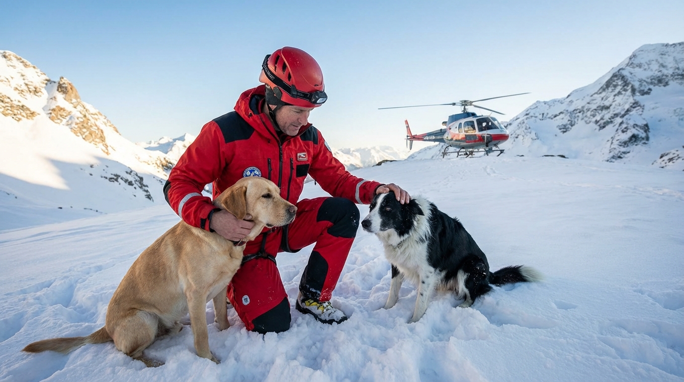 Un secouriste en montagne se penche avec bienveillance vers un labrador et un border collie dans la neige, un hélicoptère en arrière-plan.