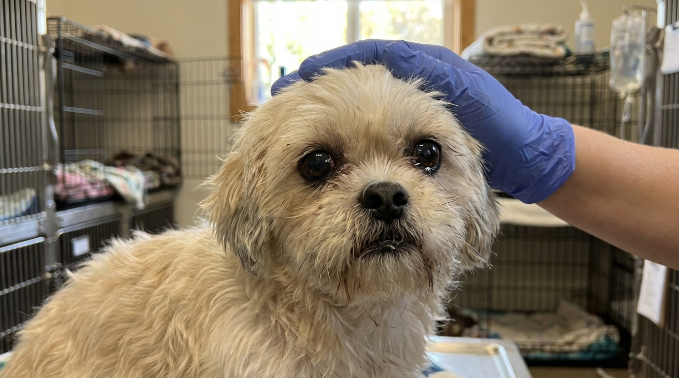 Un petit chien de race shih tzu au regard triste, blotti dans les bras réconfortants d'un soignant de la SPA après son sauvetage.