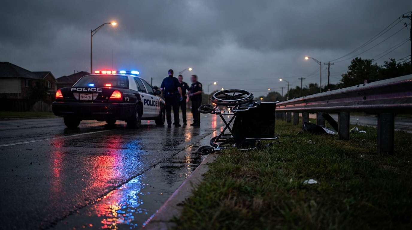 Route de nuit en Floride éclairée par des gyrophares de police après un accident mortel impliquant un homme et son chien.