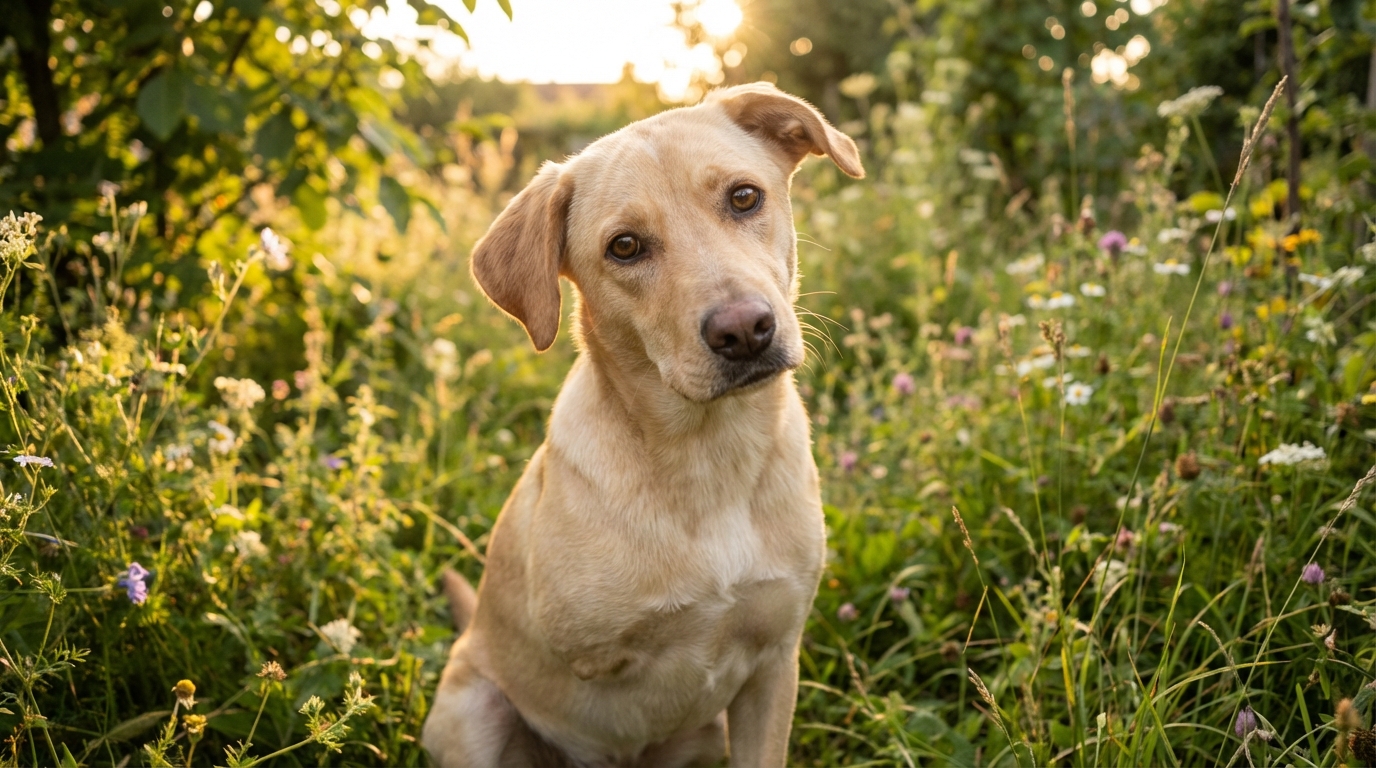 L'adorable chien tripatte Scooby, assis dans l'herbe, regarde l'objectif avec douceur, prêt pour l'adoption.