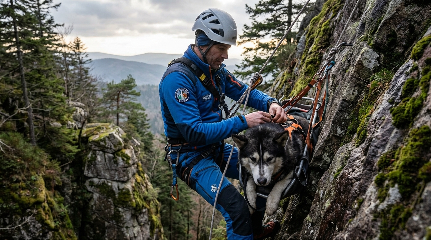 Un secouriste du PGHM en uniforme réconforte un chien de type Husky en laisse, avec un paysage de montagne escarpé en arrière-plan.