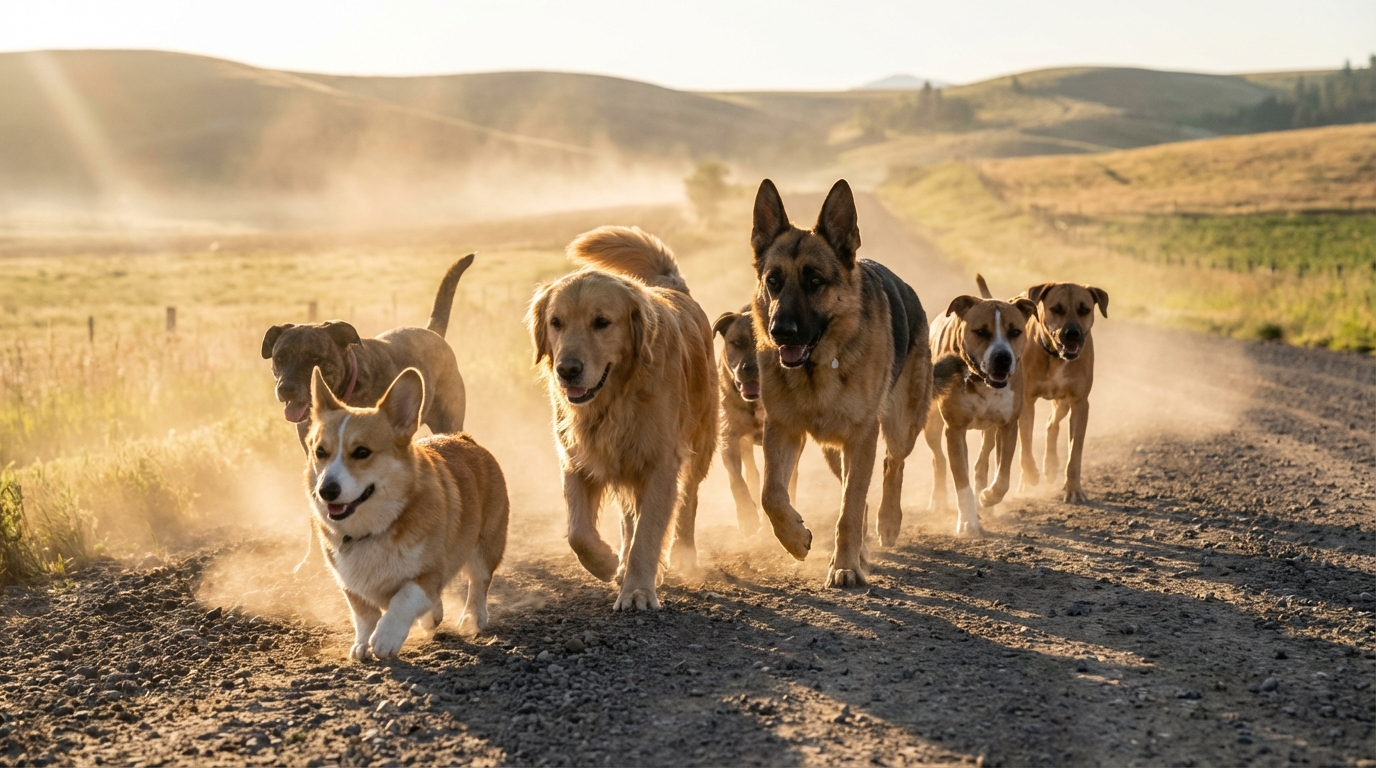 Un groupe de sept chiens de races variées, avec un corgi en tête, trottinant de manière déterminée le long d'une route rurale en Chine.