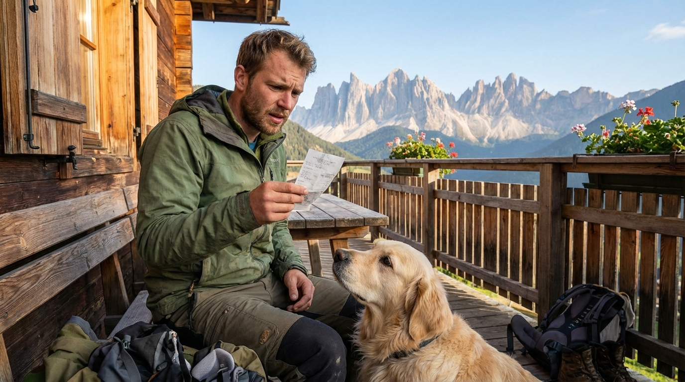 Un homme en tenue de randonnée regarde avec surprise une facture sur une terrasse d'hôtel, son chien assis à ses pieds dans les Dolomites.