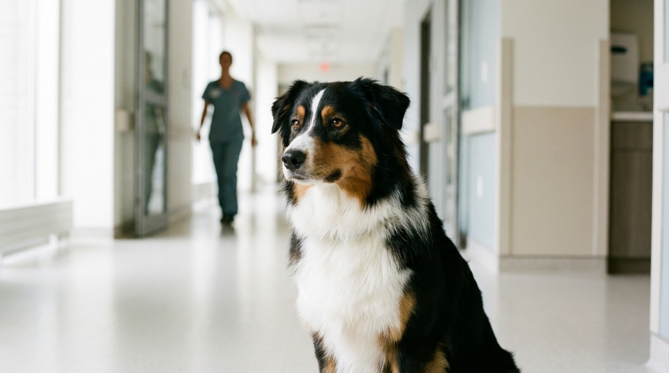 Teamir, un adorable berger australien tricolore, assis sagement dans un couloir d'hôpital, regardant la caméra avec douceur et intelligence.