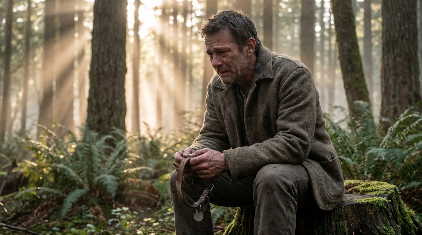 Un adorable teckel à poil dur regarde avec amour son propriétaire dans un décor de forêt automnale, symbolisant le lien brisé.