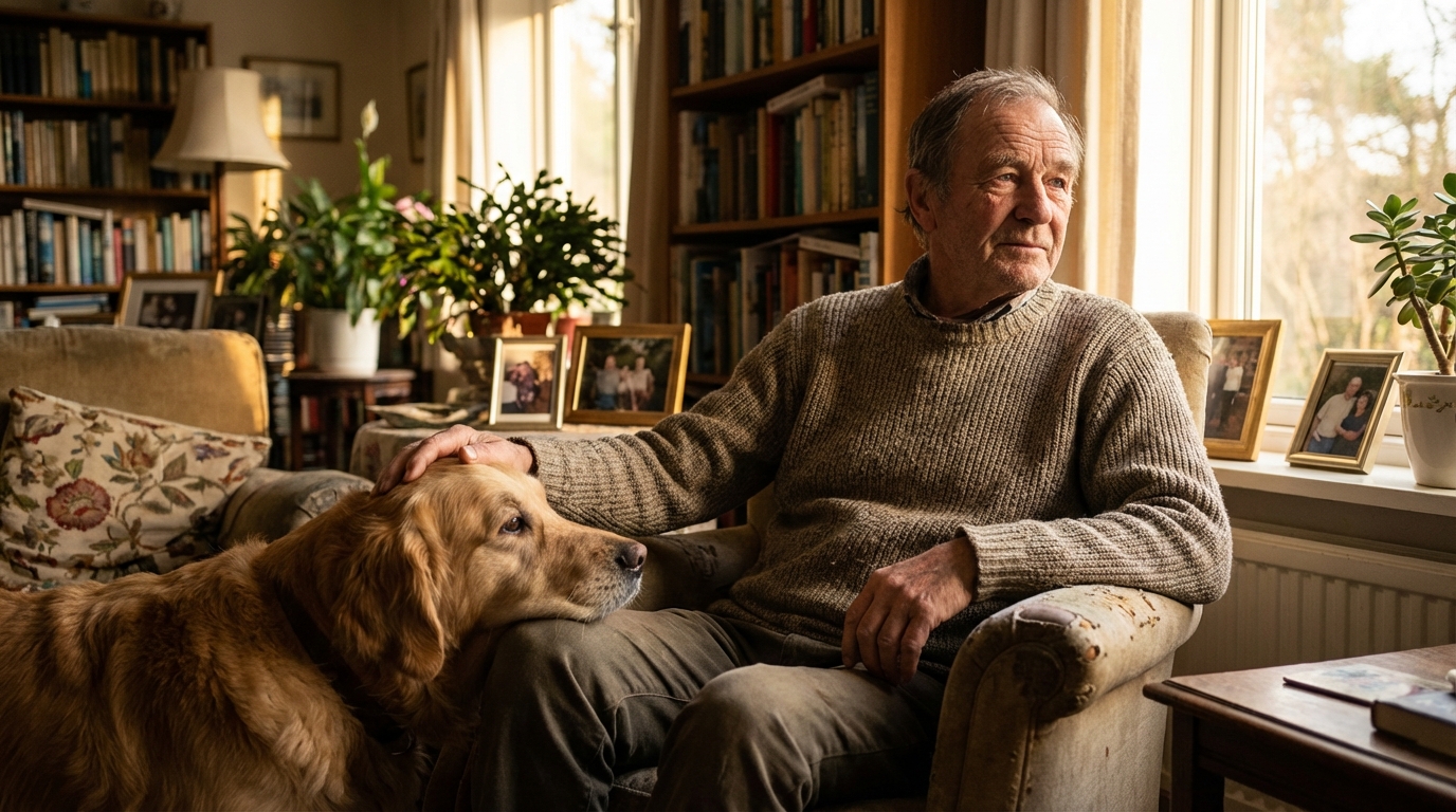 Un homme d'un certain âge, le visage marqué par l'épreuve, regarde par la fenêtre, sa main posée sur un chien fidèle à ses côtés.
