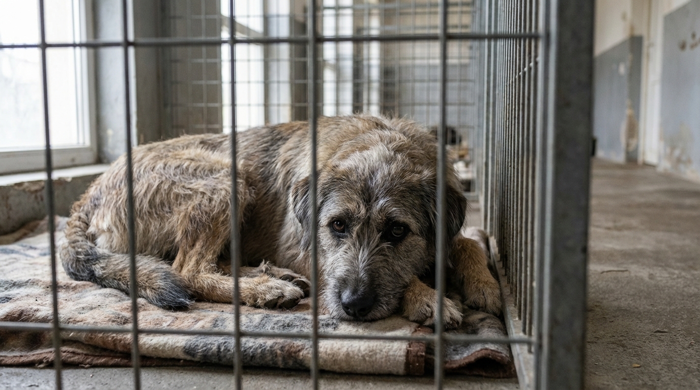 Un chien au regard triste derrière les barreaux de son box dans un refuge de la SPA, symbolisant la vulnérabilité des animaux.