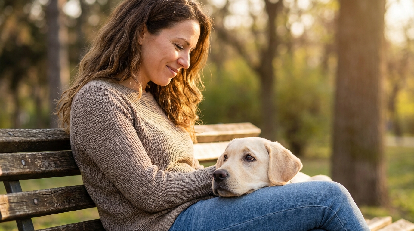 Une femme malvoyante caresse avec tendresse son nouveau chien guide, un labrador beige, symbole d'une nouvelle vie qui commence.