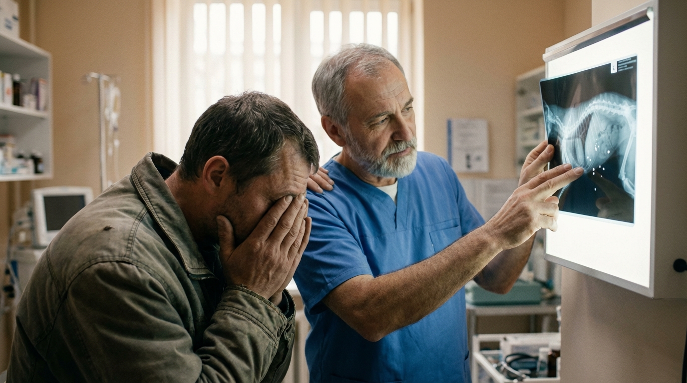 Un vétérinaire attentionné montre une radio de la colonne vertébrale d'un chat, pointant une anomalie, symbolisant le diagnostic.