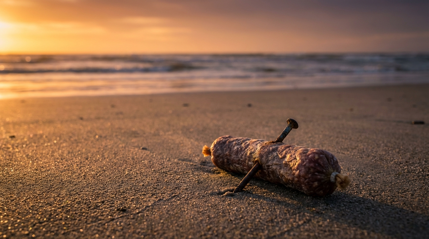 Un morceau de viande suspect posé sur le sable d'une plage, illustrant le danger des appâts empoisonnés pour les chiens.