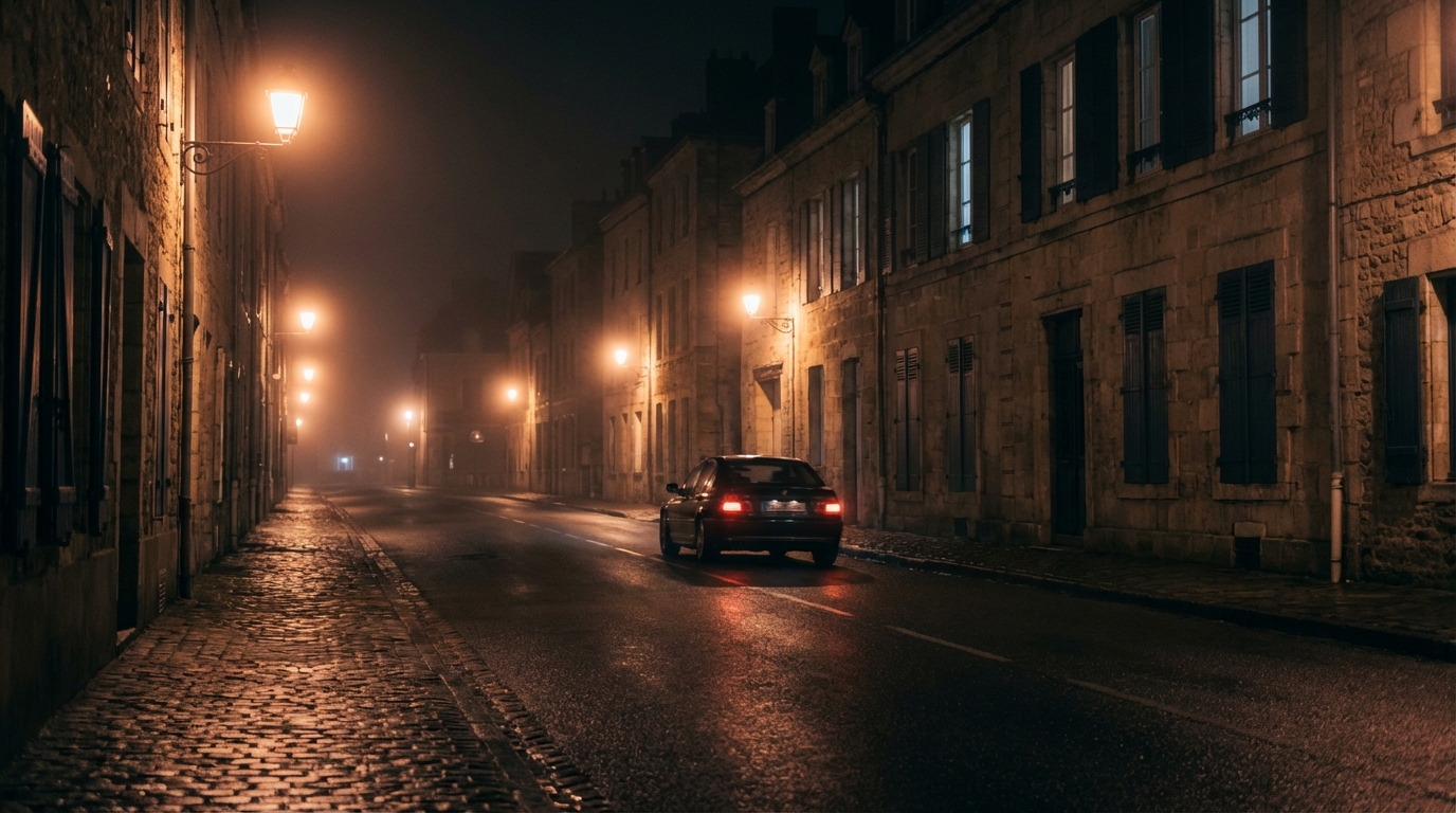 Une voiture roule de nuit sur une route urbaine déserte, ses phares éclairant l'asphalte, évoquant une scène de solitude et de mystère.