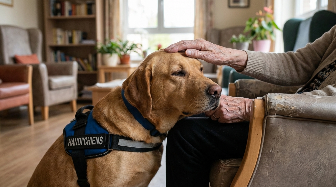 Vox, un adorable chien d'assistance de type labrador, pose tendrement sa tête sur les genoux d'une personne âgée assise dans un fauteuil.
