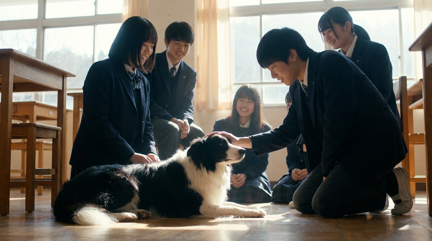 Un adorable Border Collie noir et blanc, Zarby, couché sagement dans une salle de classe, entouré d'élèves bienveillants.