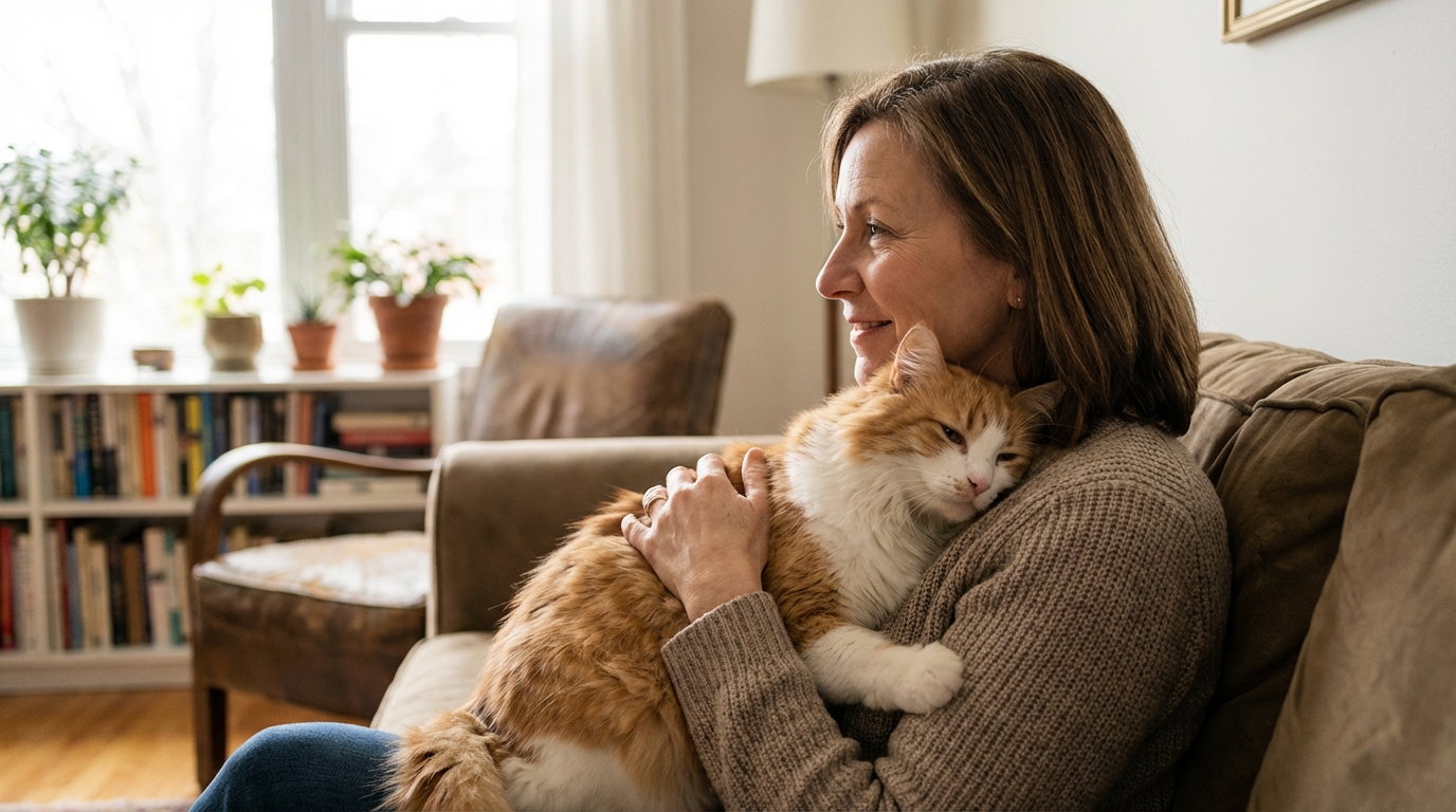 Une femme serre tendrement dans ses bras son chat roux et blanc, Pompom, qui semble apaisé et heureux dans son nouveau foyer.