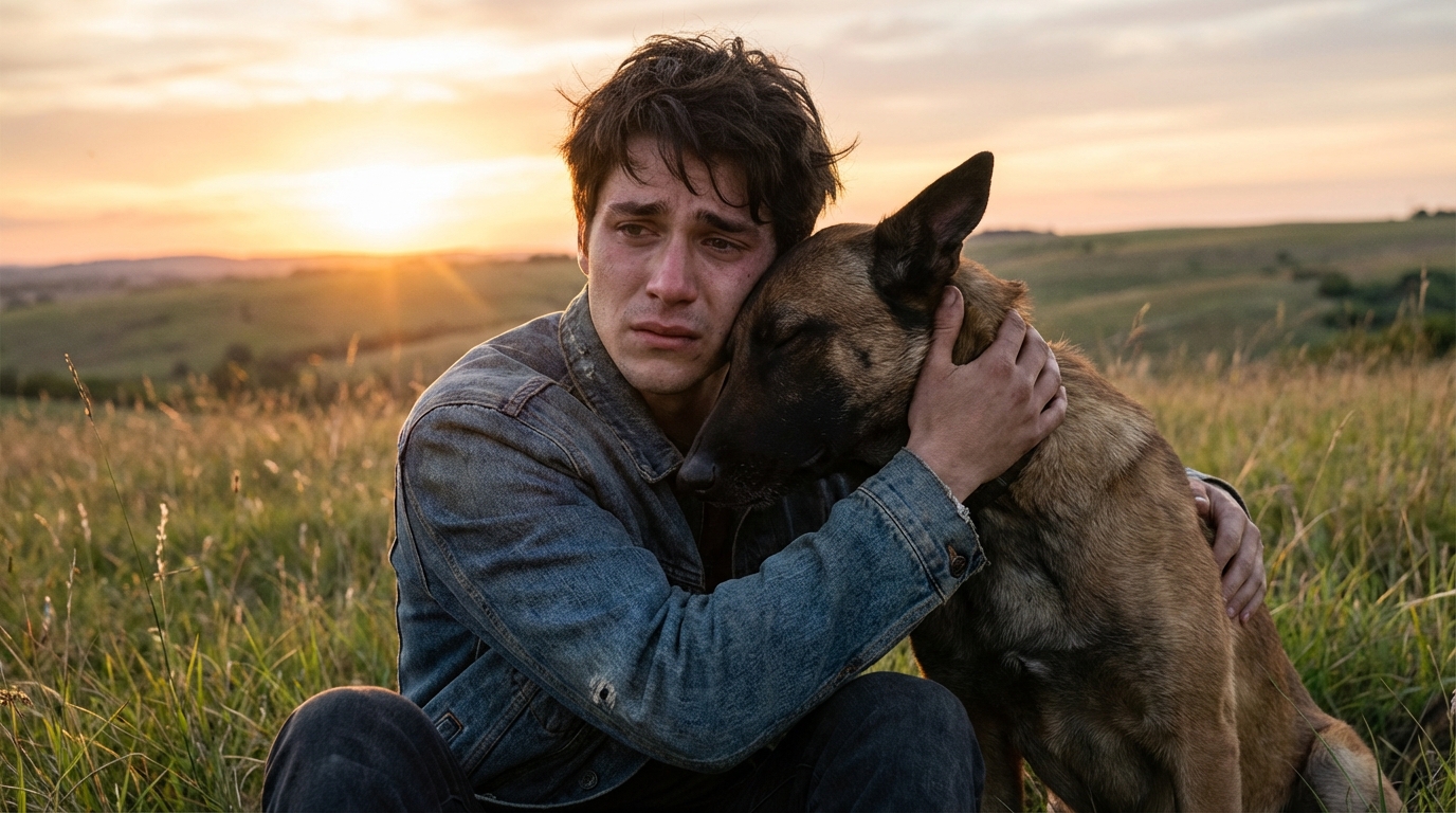 Un jeune homme au regard triste serre tendrement son chien malinois dans ses bras, symbolisant un lien fort et une perte douloureuse.
