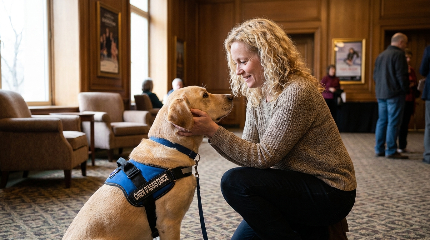 L'actrice Alison Arngrim, souriante, caresse affectueusement un labrador couleur sable qui porte le harnais de l'association Handi'Chiens.