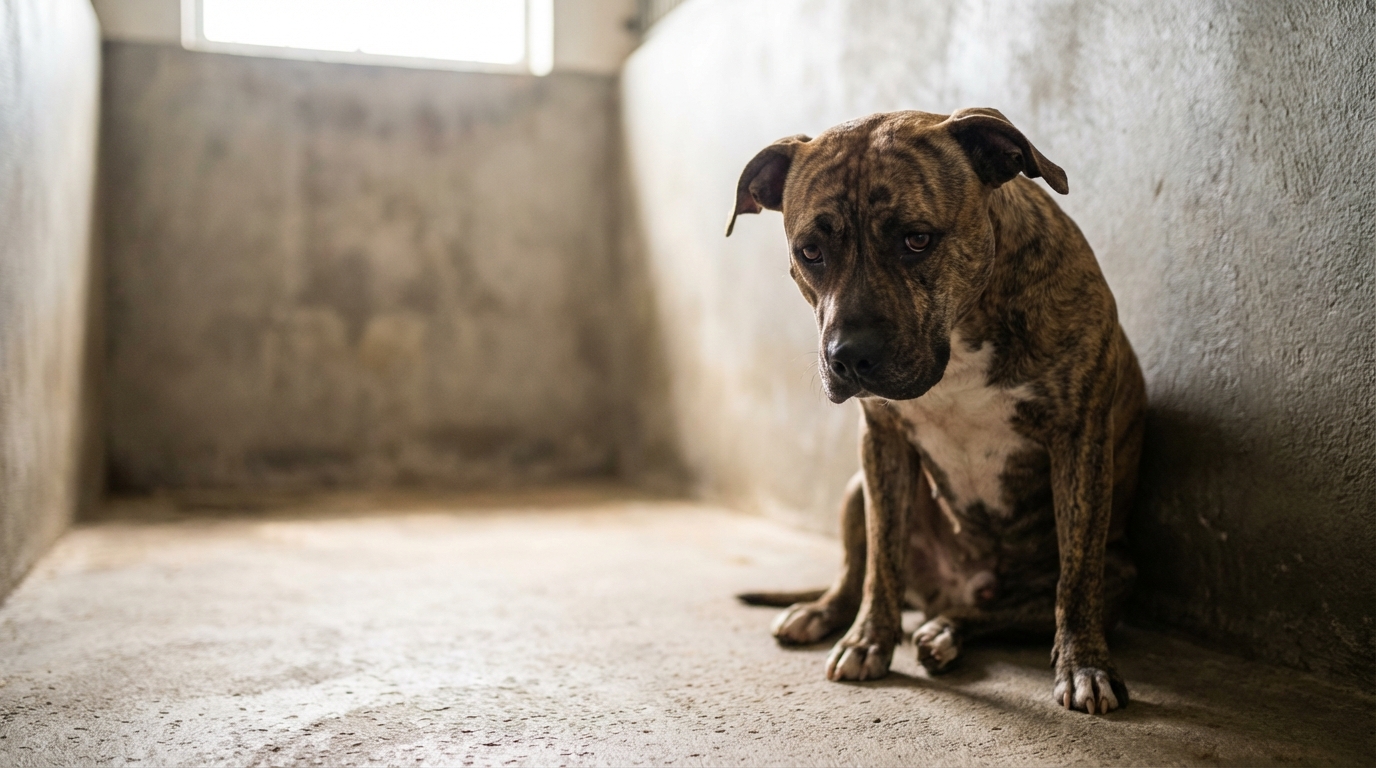 Un American Staffordshire Terrier au regard mélancolique, assis derrière les barreaux d'un box de refuge, symbolisant la tragédie.