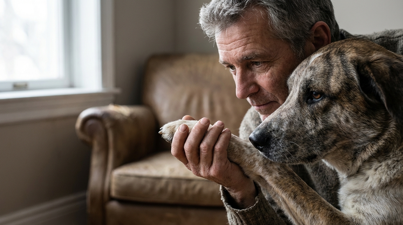 Un homme d'une soixantaine d'années, le regard pensif, caresse tendrement la patte de son chien de berger, assis à ses côtés.