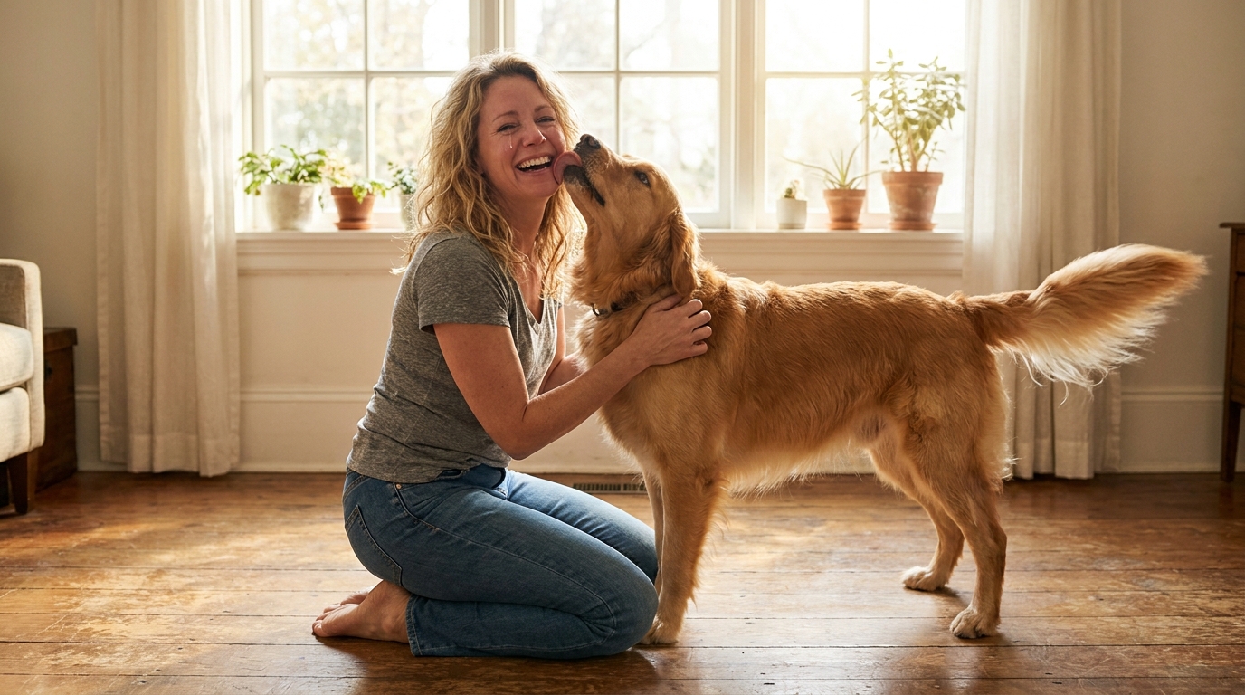 Une femme en tenue décontractée est agenouillée et enlace avec une joie immense son chien qui lui fait la fête dans un salon lumineux.