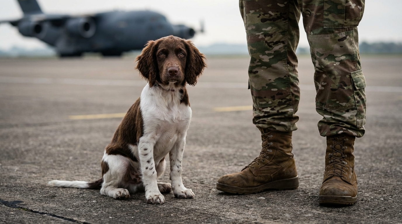La jeune chienne Athéna, un Wachtelhund de 5 mois, assise sur le tarmac d'une base aérienne près de son maître en uniforme.