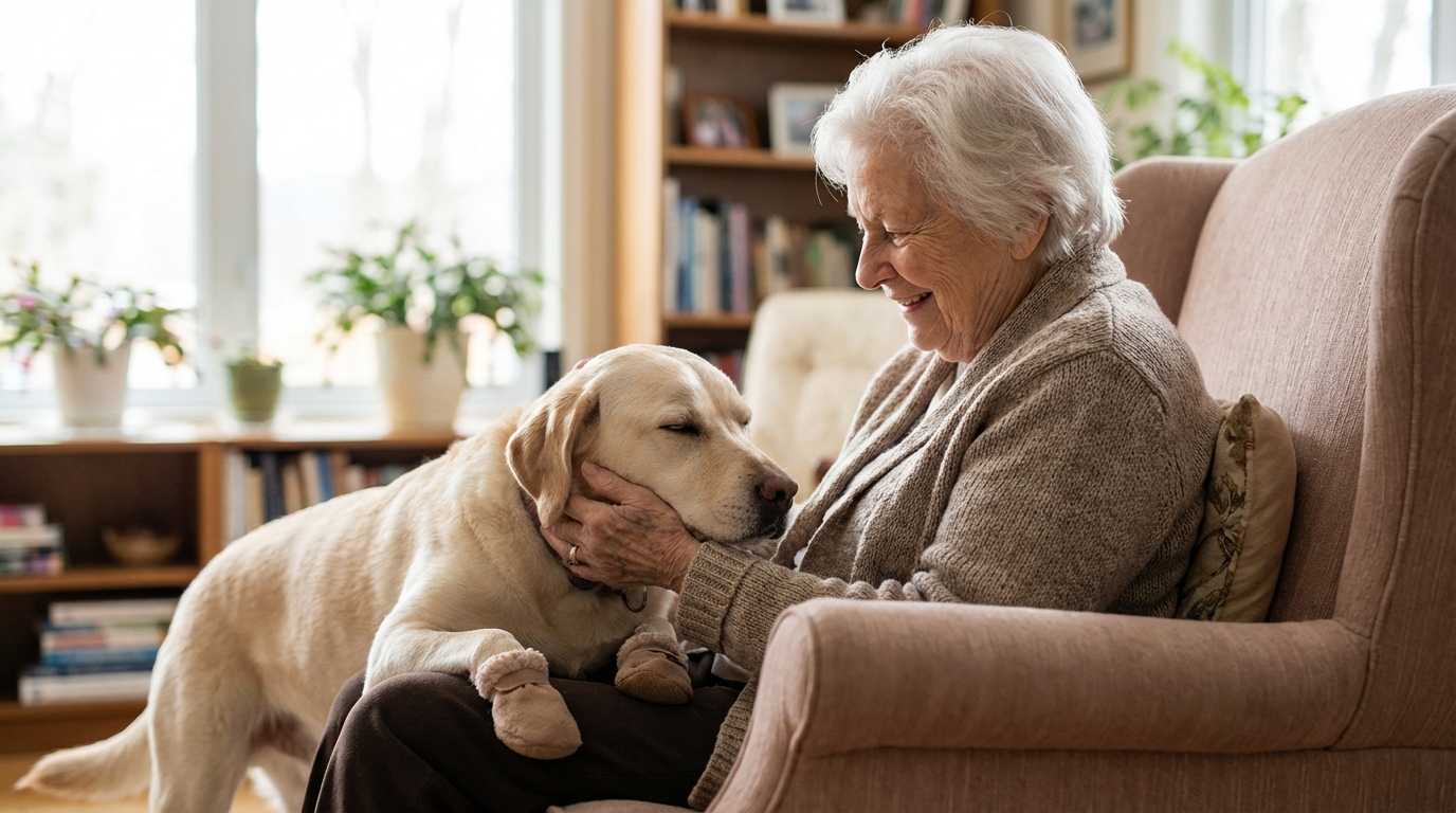 La chienne de thérapie Bali, de race Royal Bourbon, pose tendrement sa tête sur les genoux d'une personne âgée assise dans un fauteuil.