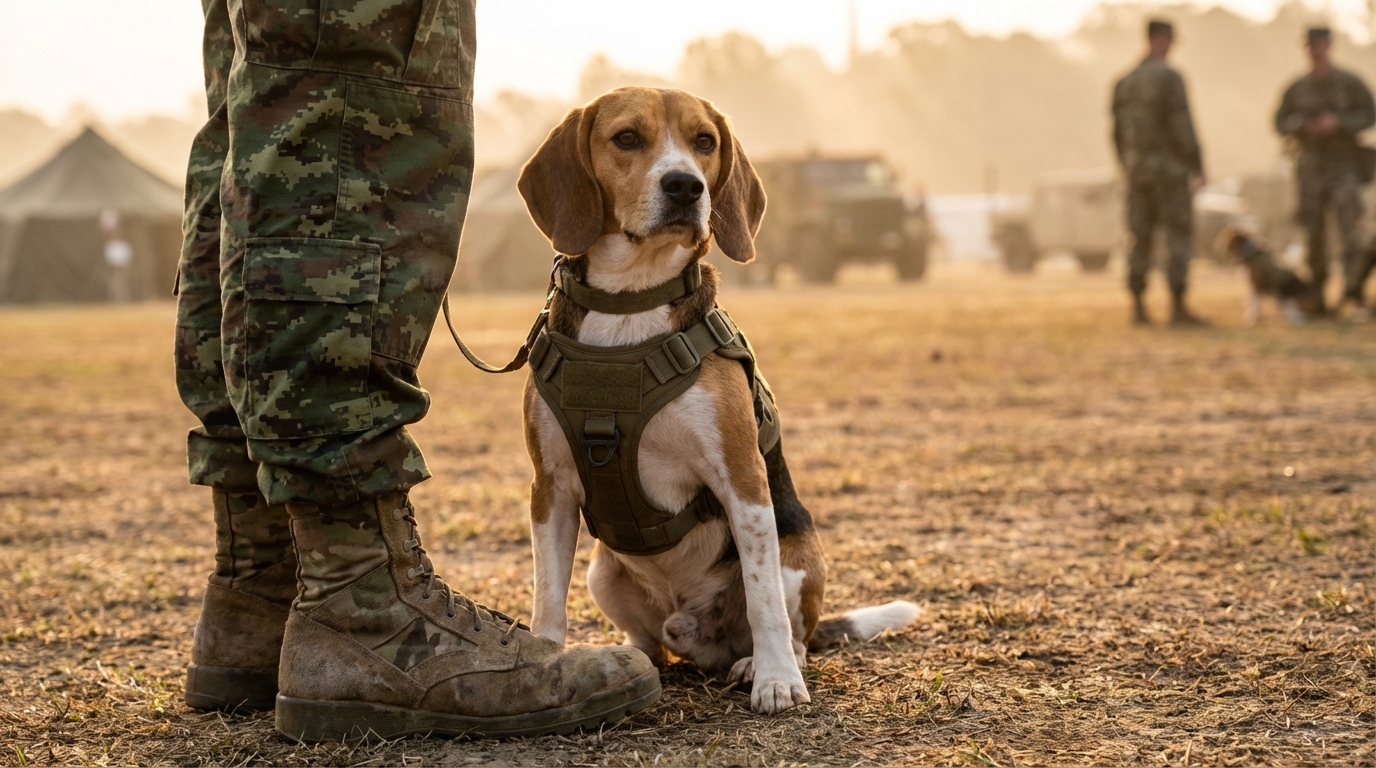 Un adorable beagle en harnais tactique, concentré lors d'un exercice de détection aux côtés de la botte d'un soldat.