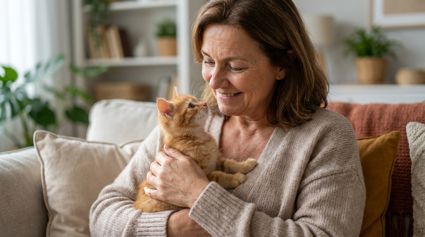 Une bénévole souriante tenant un jeune chaton dans ses bras, illustrant le travail de l'association Chat va bien d'Auray.