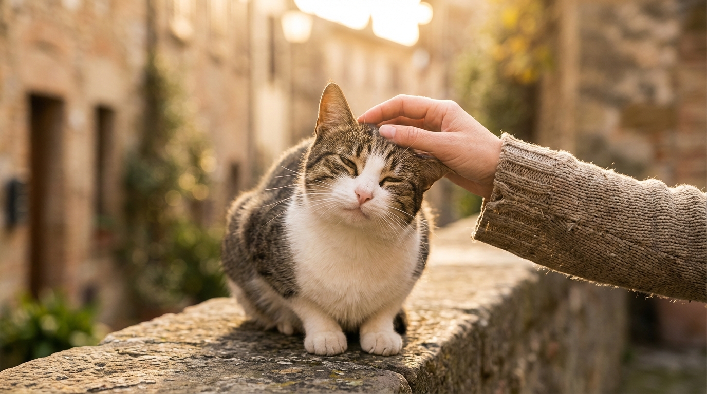 Une main douce caresse la tête d'un chat tigré au regard apaisé, assis sur un muret en pierre dans une ruelle ensoleillée.