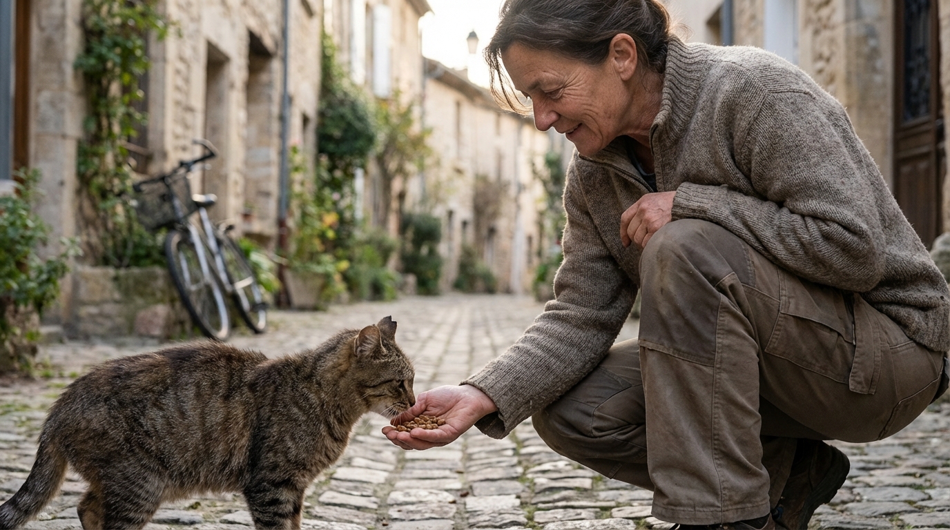 Une bénévole attentionnée s'accroupit pour nourrir un chat tigré dans une ruelle ensoleillée, symbole de l'aide aux chats libres.