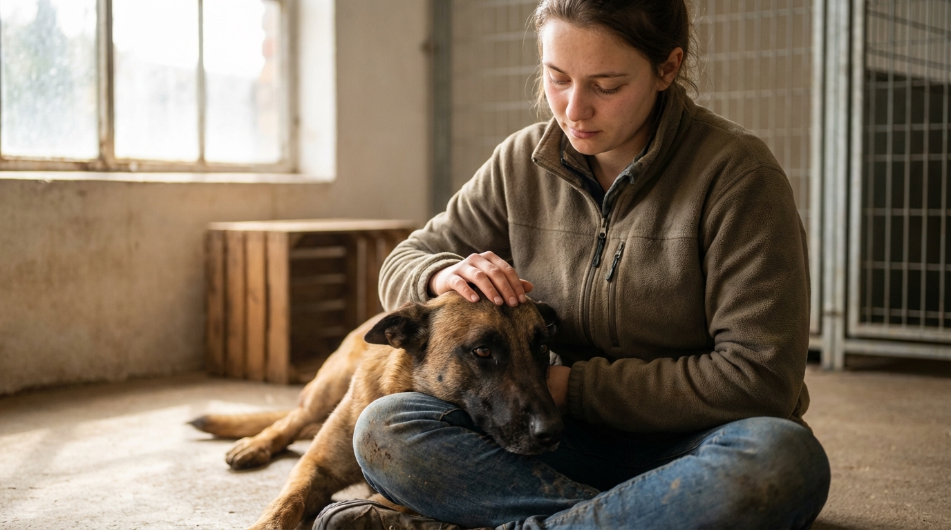 Une bénévole fatiguée mais attentionnée, assise sur le sol d'un refuge, caresse doucement un chien de type Malinois qui pose sa tête sur ses genoux.