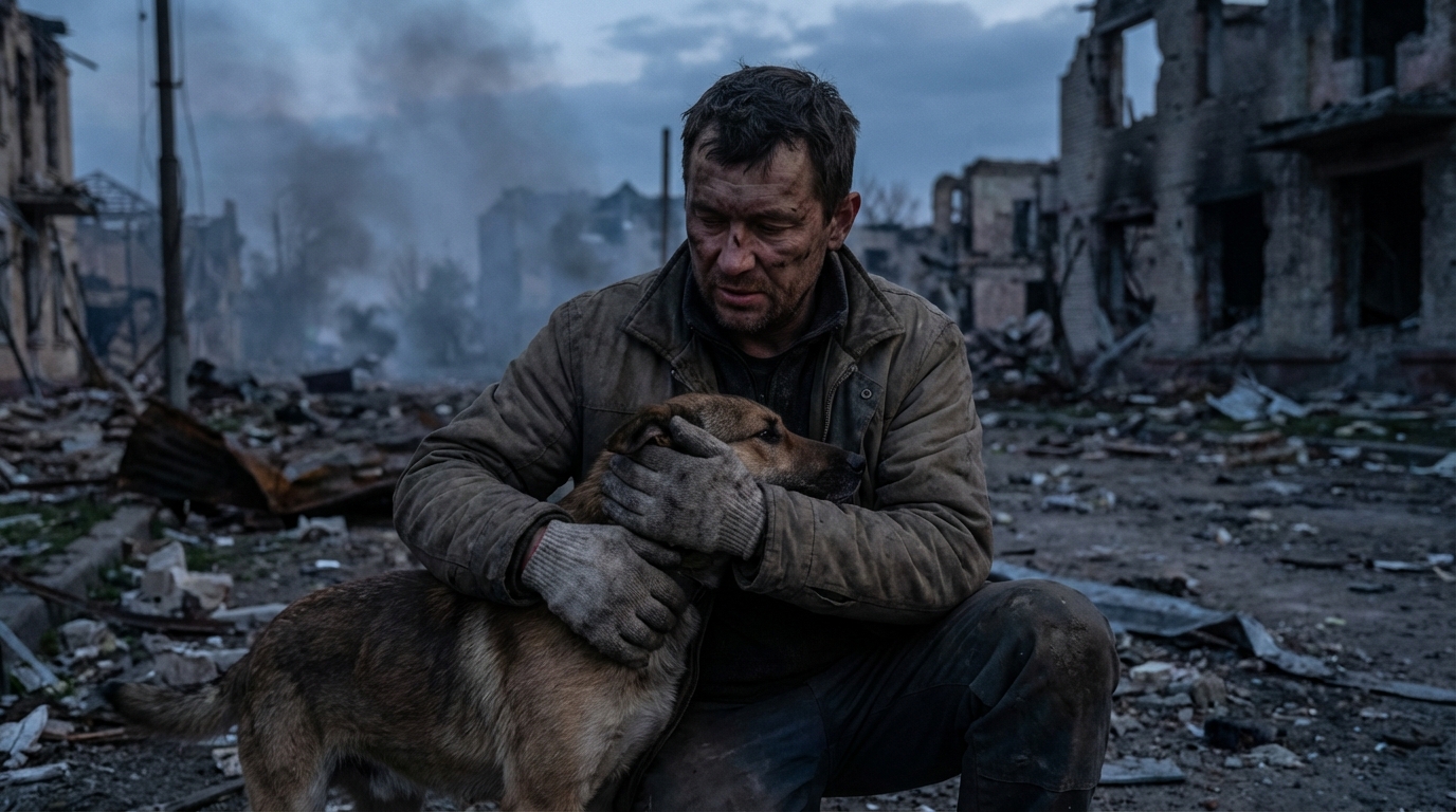 Un bénévole courageux portant un chien effrayé mais en sécurité dans ses bras, au milieu des ruines d'un bâtiment à Beyrouth.