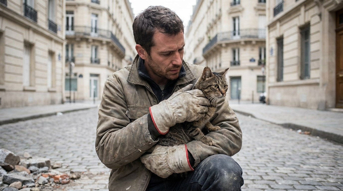 Un bénévole casqué et portant des gants protège tendrement un chat effrayé au milieu des ruines d'un immeuble en France.